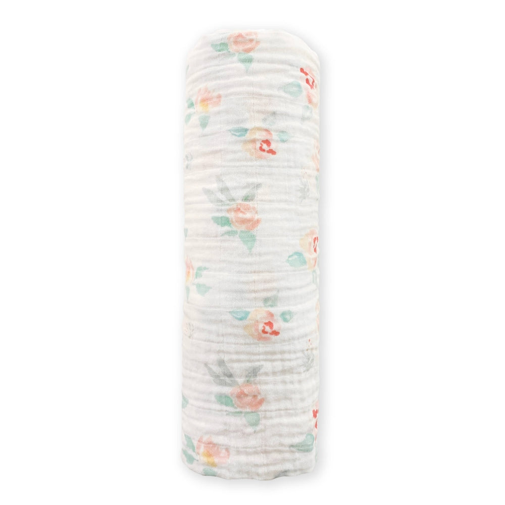 Peachy Pink Watercolor Floral Muslin Swaddle Blanket 1